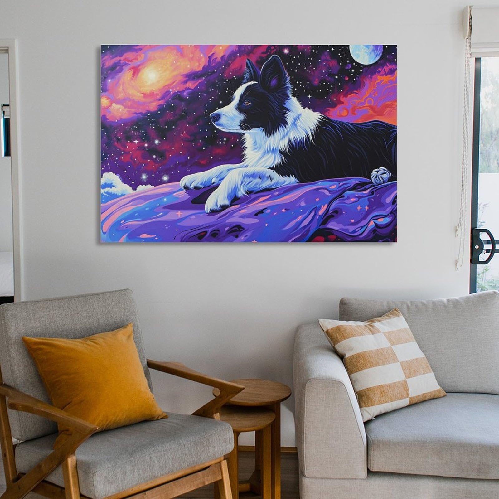 Amazon.co.jp: 絵画 星空を眺めるボーダーコリーインテリア 絵画 動物
